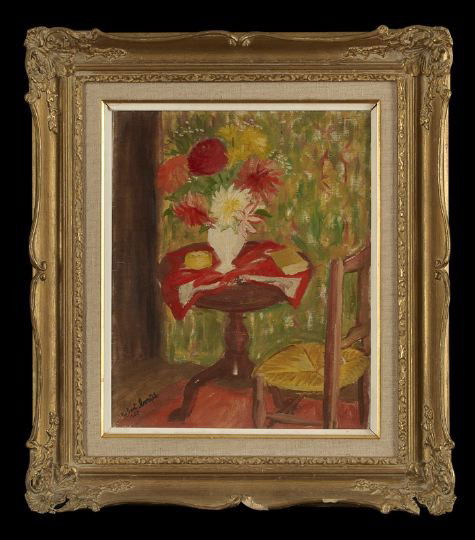 Robert Bonfils (French, 1886-1972): Robert Bonfils (French, 1886-1972) "Le Gueridon", oil on canvas, signed and dated lower left "Robert Bonfils 1945", verso stretcher with a "Domino Gallery" label, 16" x 13". Presented in a Rococo-styl