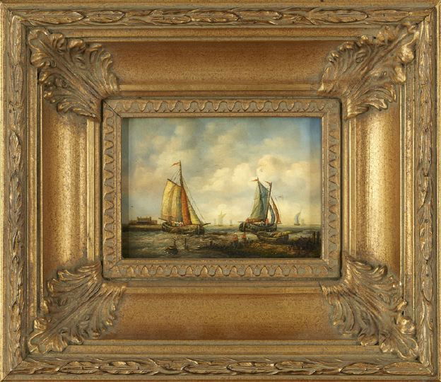 Dutch School (late 20th/early 21st Century): Dutch School (Fourth Quarter 20th/First Quarter 21st Century) "Sailboats on a Choppy Sea", oil on panel, unsigned, 4-3/4" x 6-5/8". Presented in a deeply molded giltwood and gesso frame.