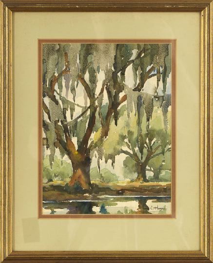 John Cuthbert Hare (American/Florida, 1908-1978): John Cuthbert Hare (American/Florida, 1908-1978) "Florida Landscape", watercolor, signed lower right "John C. Hare", sigh 10-3/4" x 8". Glazed, mated and framed.