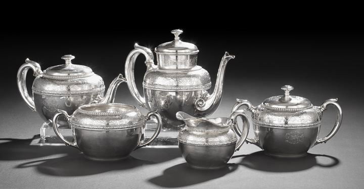 19th C. Tiffany & Co. Sterling Five-Piece Tea Set: Good 19th Century Tiffany & Co. Sterling Silver Five-Piece Tea Set, the pattern introduced in 1875, New York City, New York, this example before 1891, including a coffeepot, h. 8", teapot, h. 6", cove