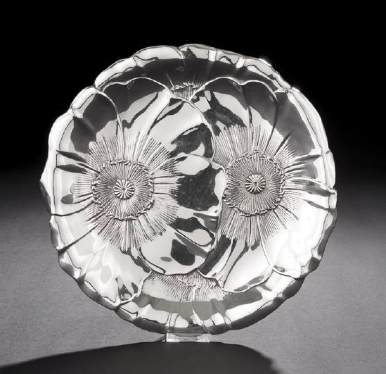 American Sterling Silver Sandwich Plate: American Sterling Silver Sandwich Plate, third quarter 20th century, Wallace Silversmiths, Inc., Wallingford, Connecticut, of circular form, embossed with large, realistically detailed poppy flowers,