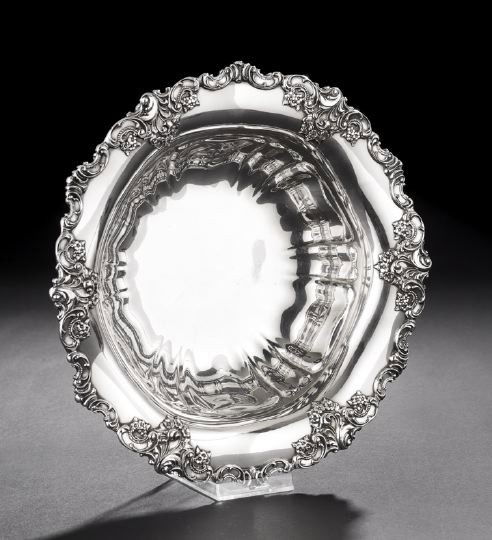 American Silverplate Fruit Bowl: American Silverplate Fruit Bowl, third quarter 20th century, by Wallace Silversmiths, Wallingford, Connecticut, of circular form, the lower half shaped and lobed, the everted rim with applied floral r