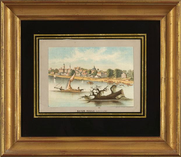 Aft. Henry Lewis (Amer./Brit./Ger., 1819-1904): After Henry Lewis (American/British/German, 1819-1904) "View of Baton Rouge from the Mississippi River", hand colored lithograph from das Ilustrierte Mississiippithal published by Arntz & Co., Dusseld