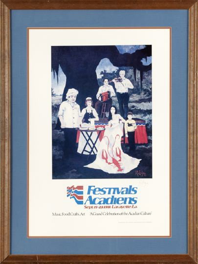 George Rodrigue (American/Louisiana, b. 1944): George Rodrigue (American/Louisiana, b. 1944) "Festivals Acadiens, 1981" offset chromolithograph, signed lower right margin "Rodrigue", sight 30-5/8" x 2-5/8'. Glazed, matted and presented in a hardwo