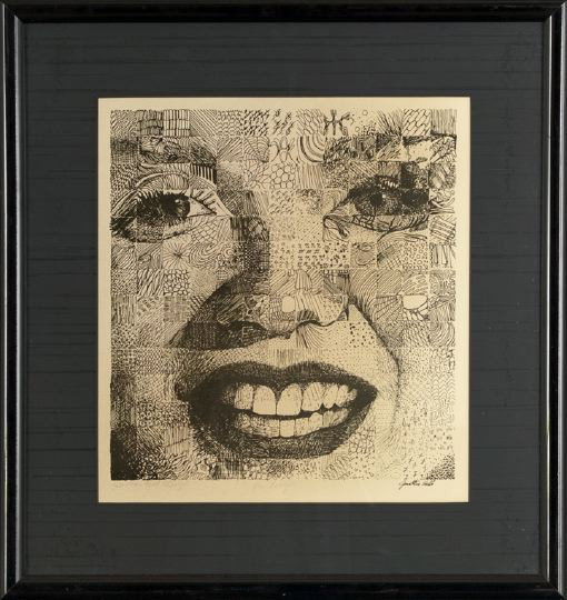 Jonathan Webb (American/Contemporary): Jonathan Webb (American/Contemporary) "Marilyn", ink on paper, signed lower left and right, titled lower left, inscribed lower middle "For Larry", sight 15" x 14". Glazed, matted and framed.