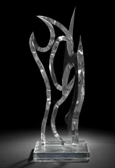 Cut, Beveled and Conjoined Lucite Sculpture: Striking Cut, Beveled and Conjoined Lucite Sculpture, presented on a near-square beveled-edge Lucite base signed at the proper left front edge in script "Van Teal, Miami, Fl.", h. 38-1/2", w. 13-1/8",