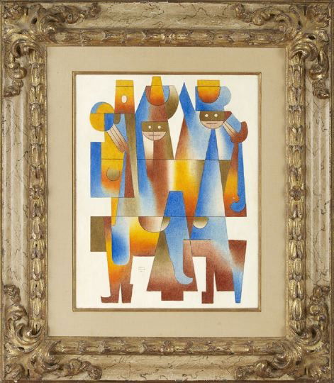 Carlos Merida (Guatemalan, 1895-1984): Carlos Merida (Guatemalan, 1895-1984) "Los Augures", 1972, oil on masonite, signed and dated lower middle "Carlos Merida 1972", titled, dated, signed and inscribed on the reverse "Los Augures, Carlos