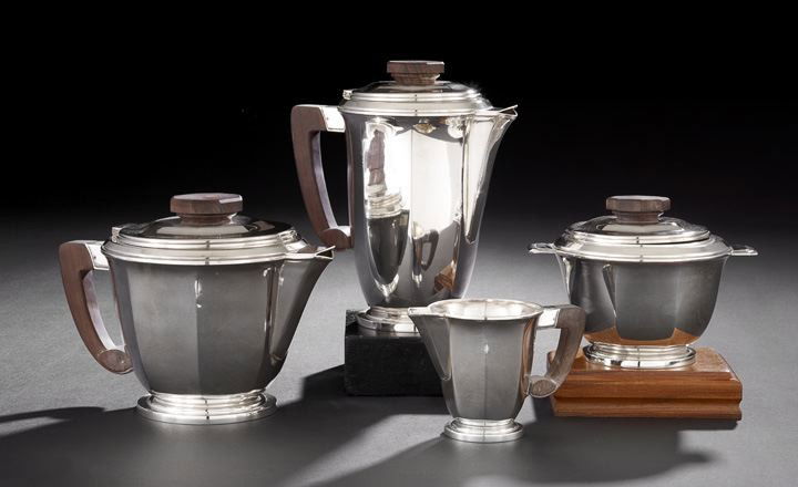 French Art Deco Four Piece Silverplate Tea Set: French Art Deco Four Piece Silverplate Tea Set, first quarter 20th century, Maison Boulenger, Paris, including a coffeepot, h. 7-3/4", teapot, h. 6", covered sugar bowl, h. 4-3/4", and cream jug, h. 3