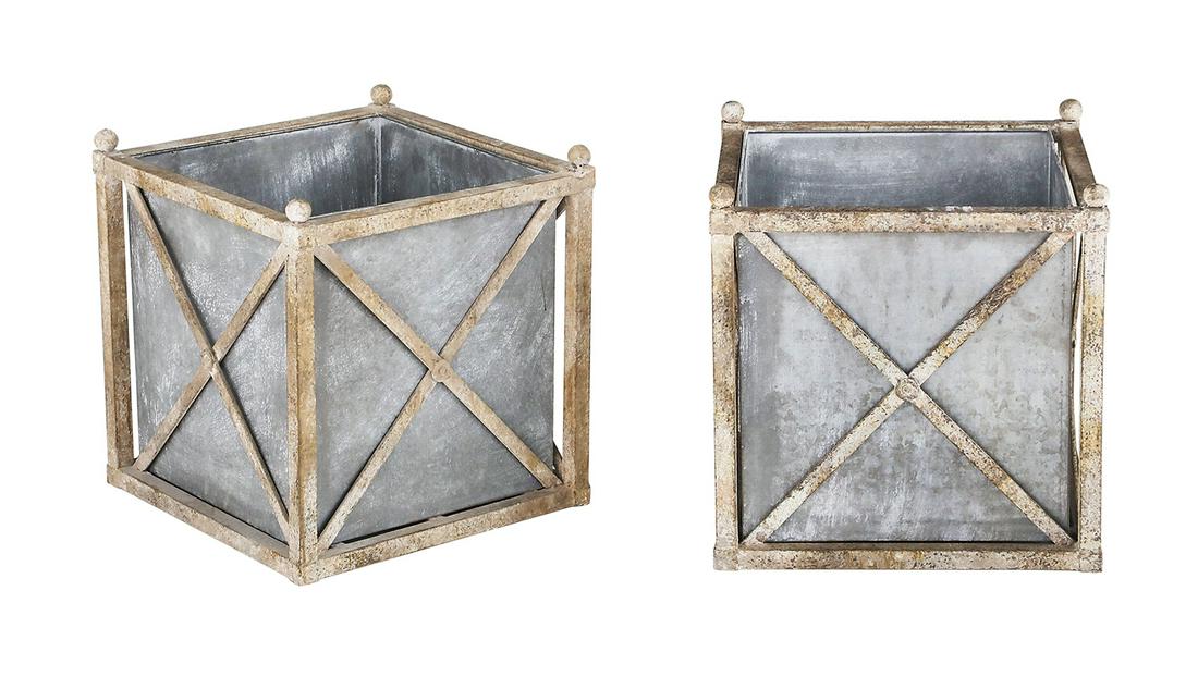 Pair of Patinated Iron and Metal-Lined Tree Tubs: Pair of Patinated Iron and Metal-Lined Tree Tubs in the Directoire taste, each with an iron frame with ball finials at each corner. h. 19", w. 18", d. 18"