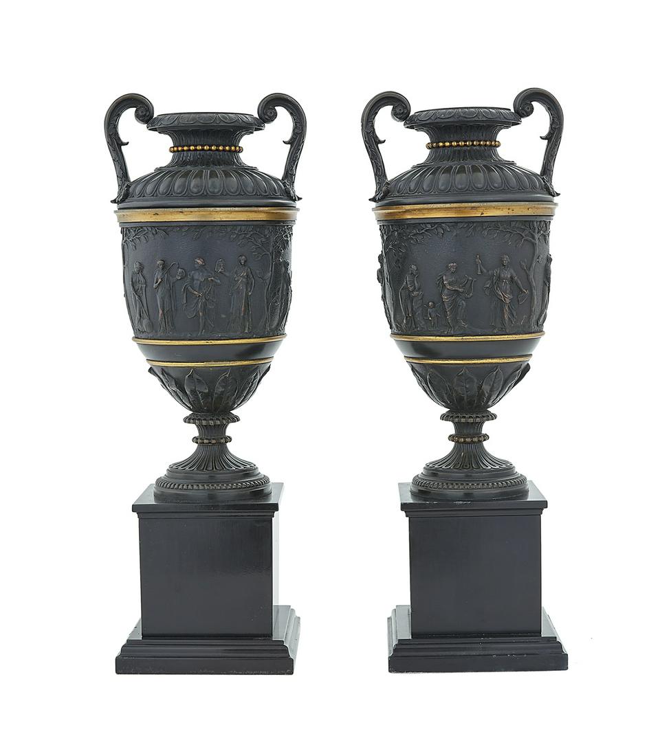 Pair of French Bronze Garniture Urns on Plinths (1 of 2)