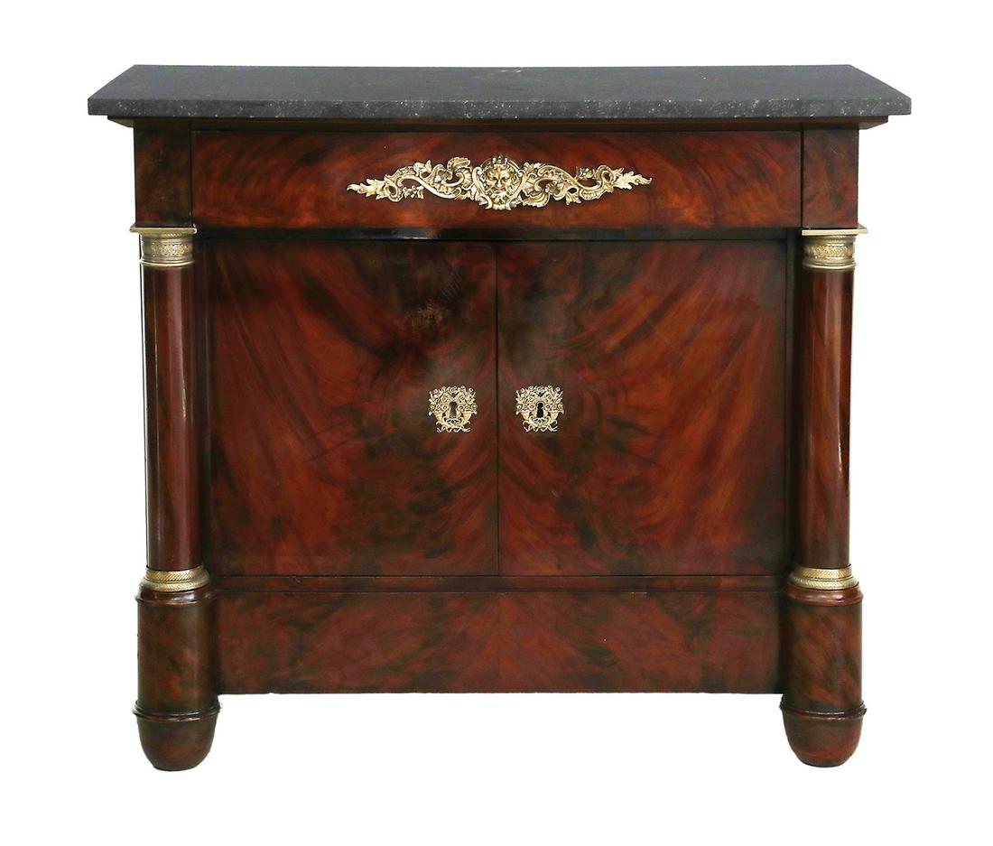 Empire-Style Mahogany and Marble-Top Cabinet: Empire-Style Mahogany and Marble-Top Cabinet 19th century, the rectangular marble top above a conforming case fitted with a single drawer over two cabinet doors, opening to an unusual removable shelf 