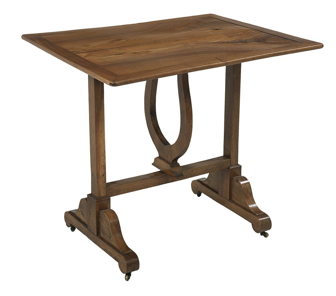 French Provincial Fruitwood Wine Table: French Provincial Fruitwood Wine Table 19th century, the banded tilting rectangular top raised on a swinging lyre-form support and square legs to runner feet on casters. h. 29", w. 32-1/4", d. 25-1/2"