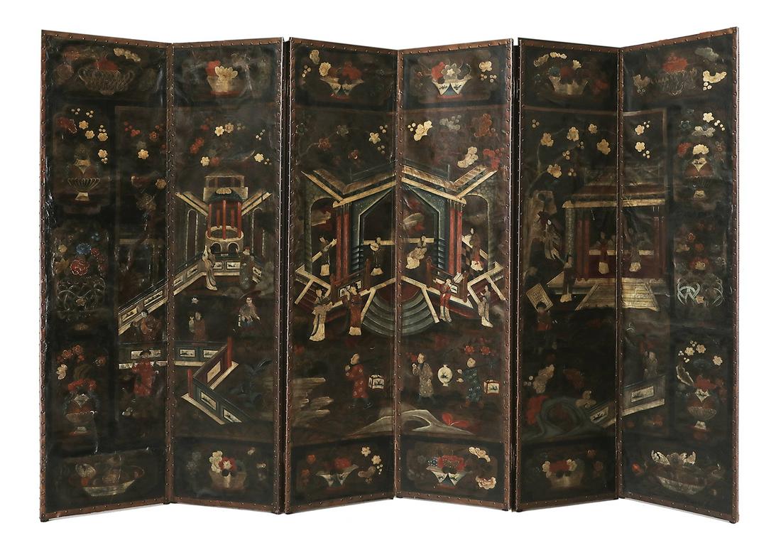 Chinese Painted Leather Six-Panel Folding Screen (1 of 5)