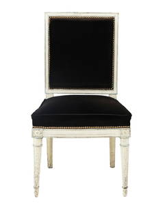 Georges Jacob Creme-Peinte Side Chair: Georges Jacob (French, 1739-1814) Creme-Peinte Side Chair  18th century, the padded square back within a molded frame, the like seat raised on fluted tapering circular legs headed by patera-carved blo