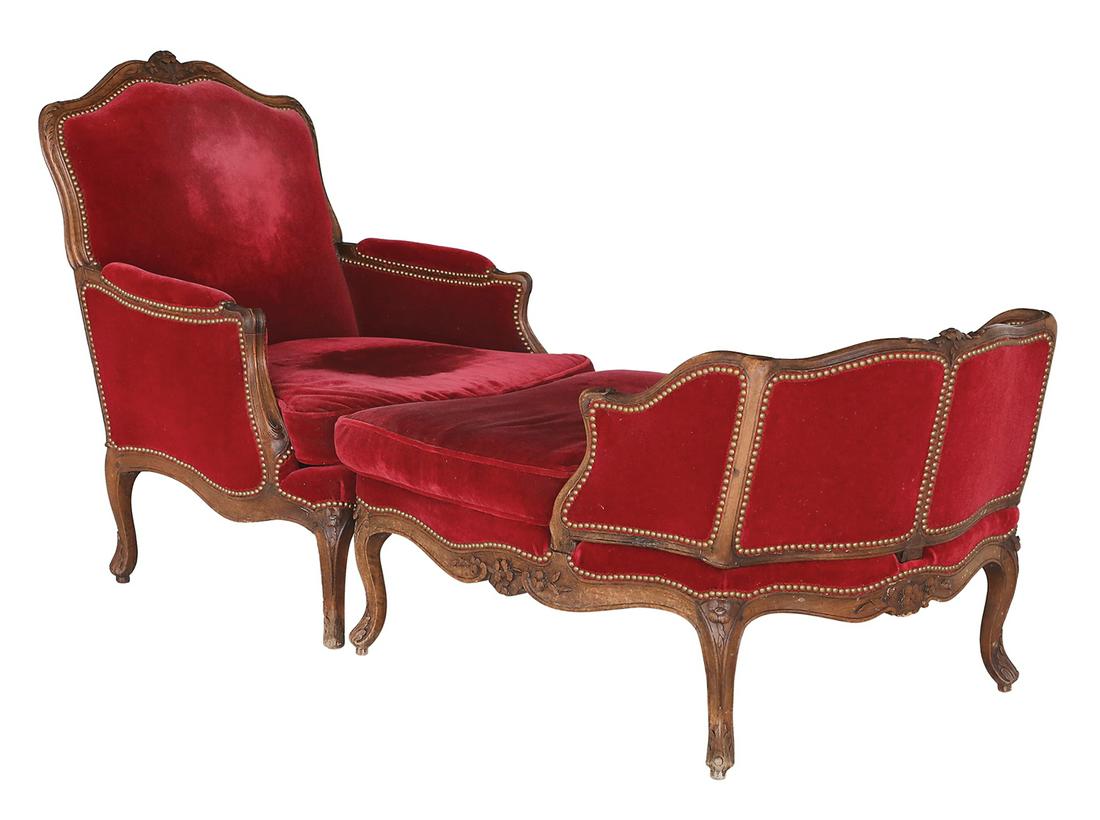 Louis XV-Style Fruitwood Duchesse Brisee: Louis XV-Style Fruitwood Duchesse Brisee late 19th century, in two parts, the shaped and padded back surmounted by a floral crest, joined to the cushioned seat by closed padded arms, the lower section