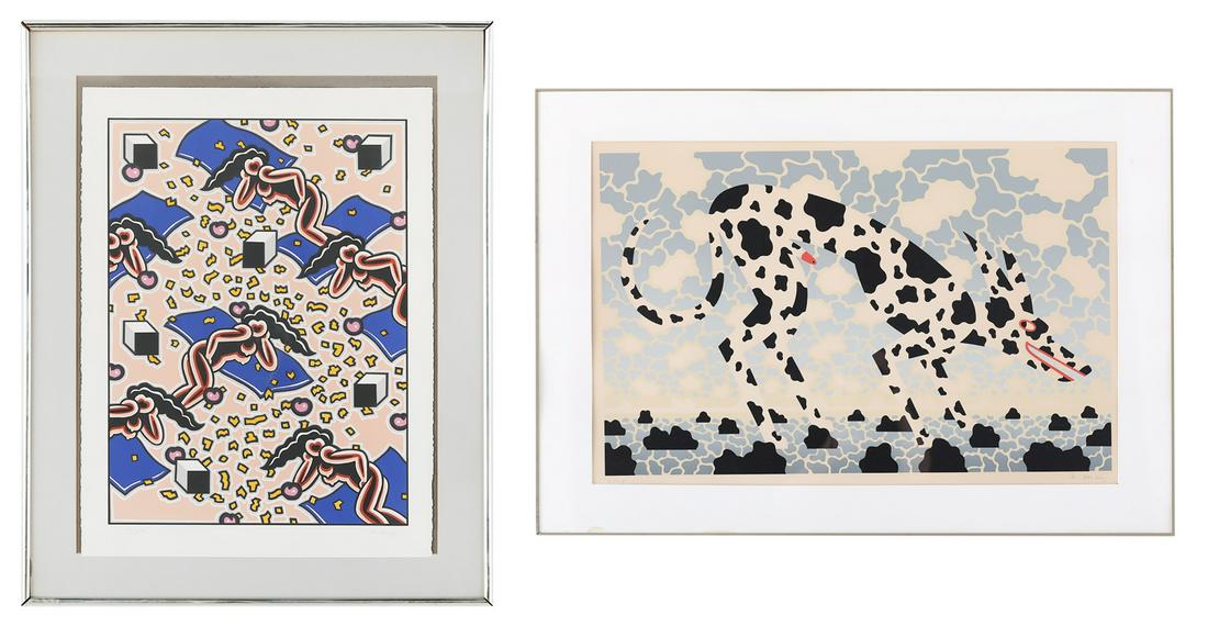 Robert Gordy, (American/Louisiana, 1933-1986): Robert Gordy (American/Louisiana, 1933-1986) "Arcady" "Landscape with Spotted Dog, #1" two serigraphs on paper each pencil-signed and numbered "10/35" and "4/75", respectively, in lower margin. Each m