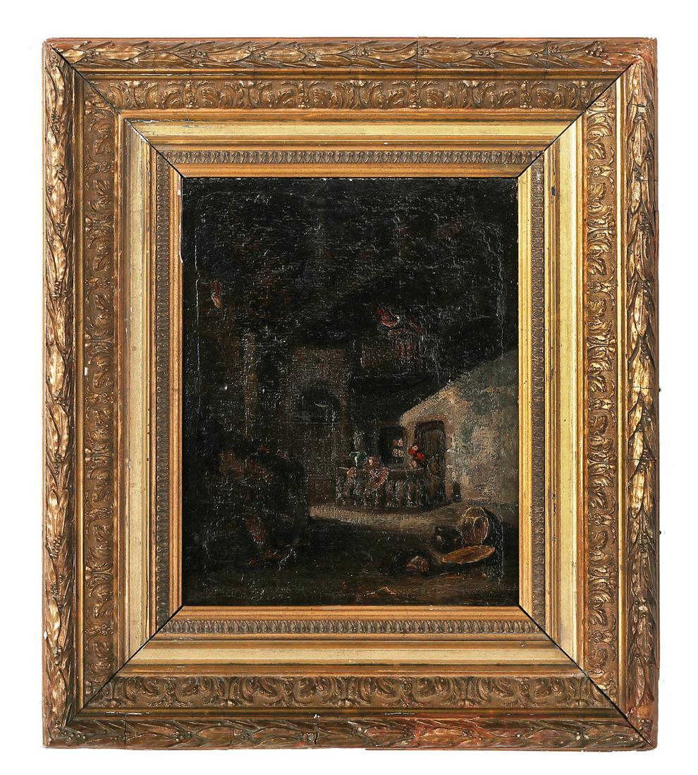 Paul Huet, (French, 1803-1869): Paul Huet (French, 1803-1869) "L'Auberge de la Mere Saguet" oil on wood panel signed lower right, incised with artist name en verso and with artist red seal, inscribed with title and affixed with "Ose