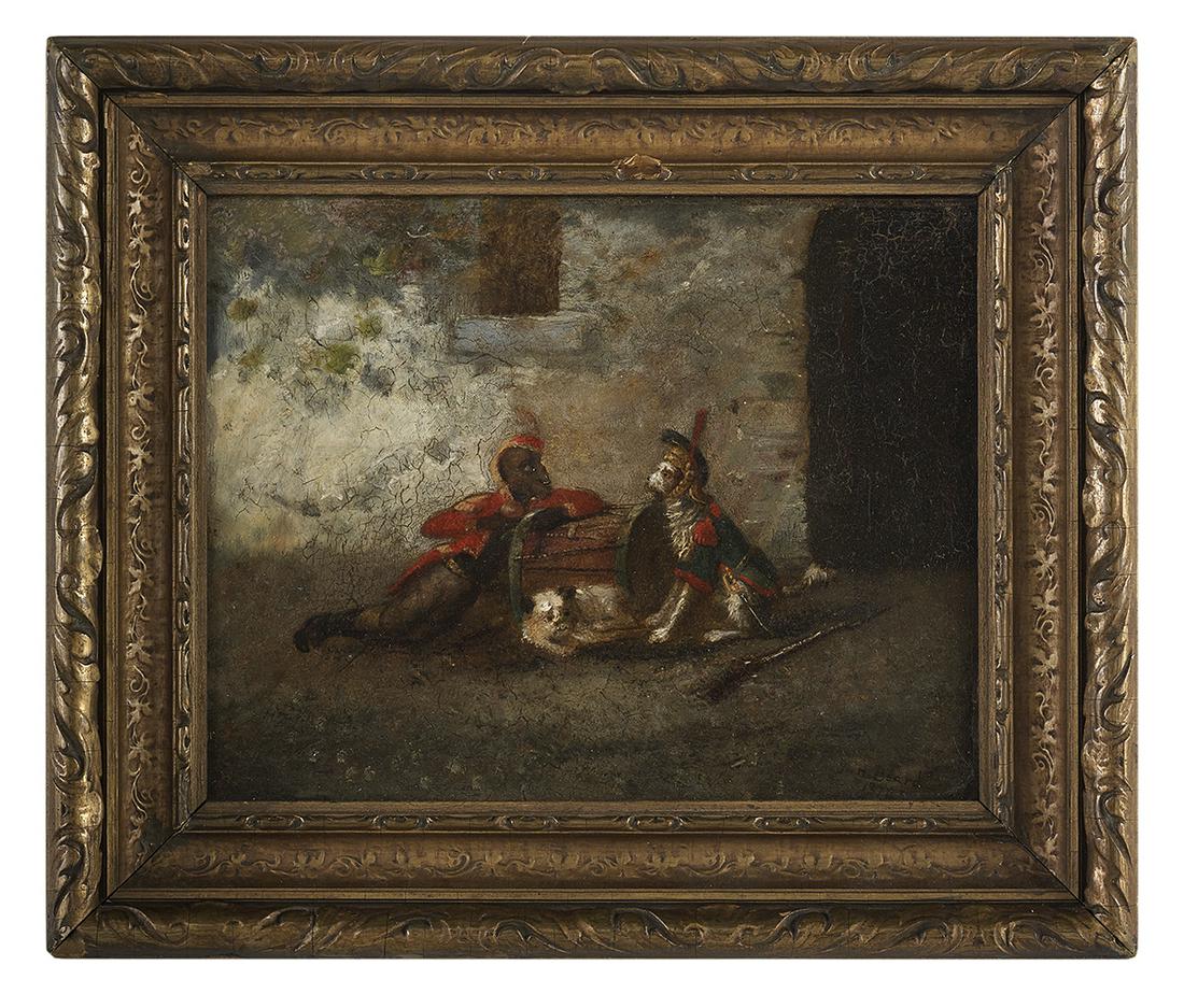 William Holbrook Beard, (American, 1824-1900): William Holbrook Beard (American, 1824-1900) "'Drummer Boy's Parody", 1878 oil on wood panel signed and dated lower right, monogrammed and dated en verso. Framed. 8-1/4" x 10-1/4", framed 11-3/4" x 14