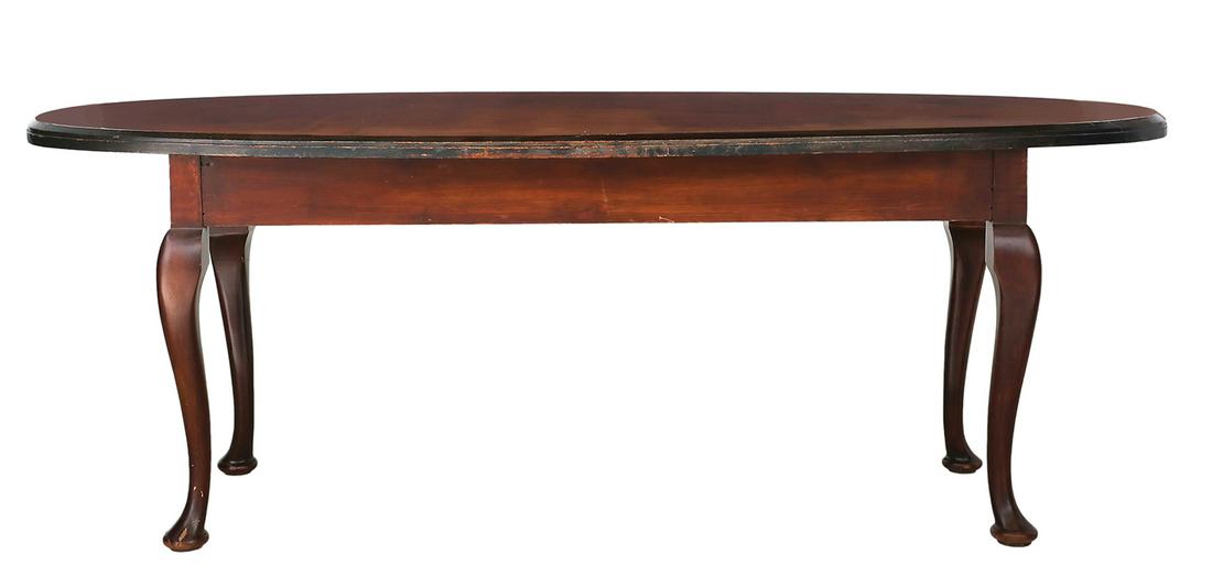 George II-Style Mahogany Dining Table: George II-Style Mahogany Dining Table in the Queen Anne taste, the oval top on a frieze supported by cabriole legs on pad feet. h. 30-1/2", w. 30-1/2", l. 84" Provenance: Private collection, Lafayette