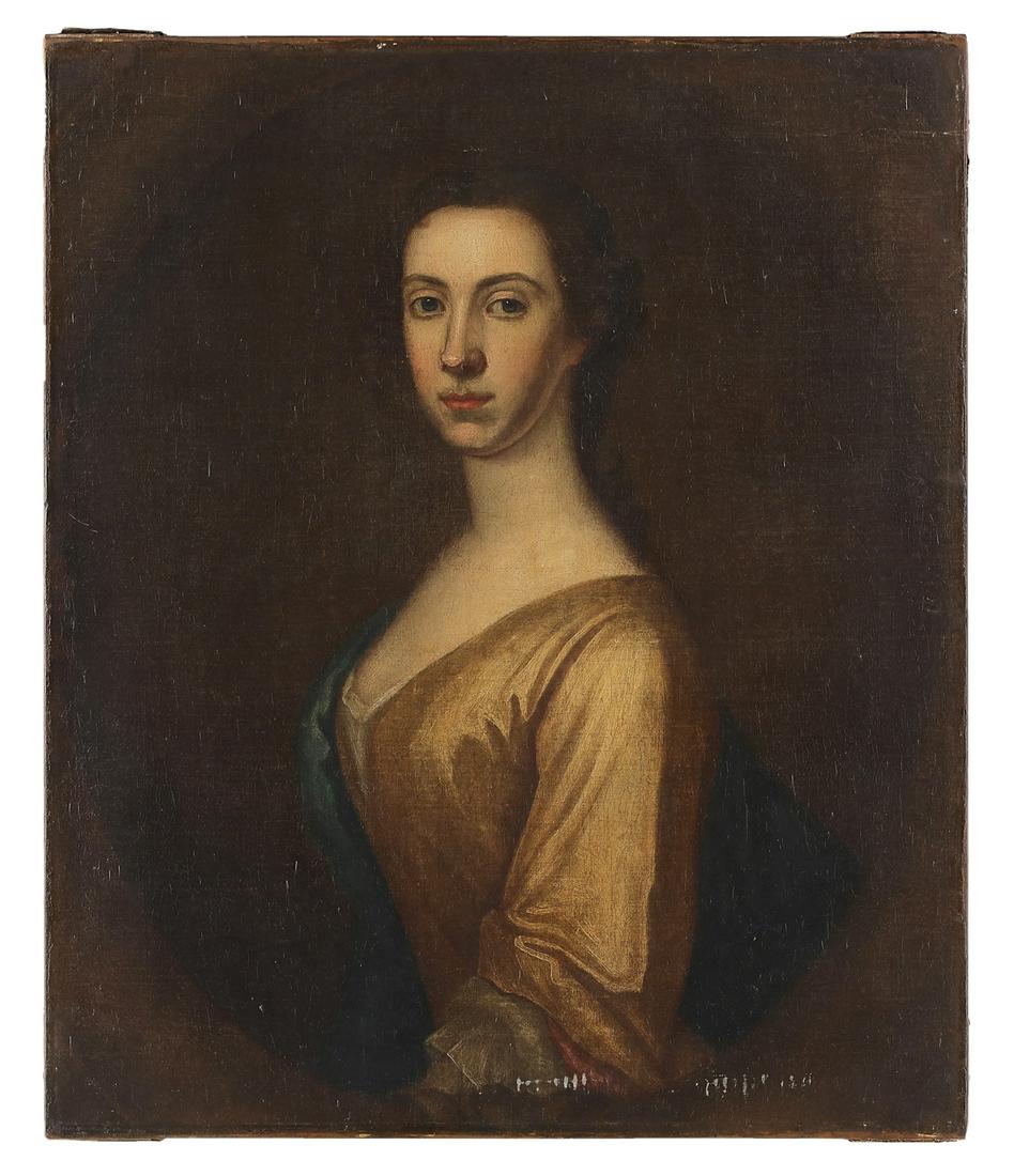Circle of Michael Dahl, (Swedish,1656/59-1743): Circle of Michael Dahl (Swedish/British, 1656/59-1743) "Portrait of a Lady in a Yellow Gown" oil on canvas unsigned, verso with "Thomas Wilson, Carver, Gilder, Fine Art Auctioneer & Valuator, 121 Geor