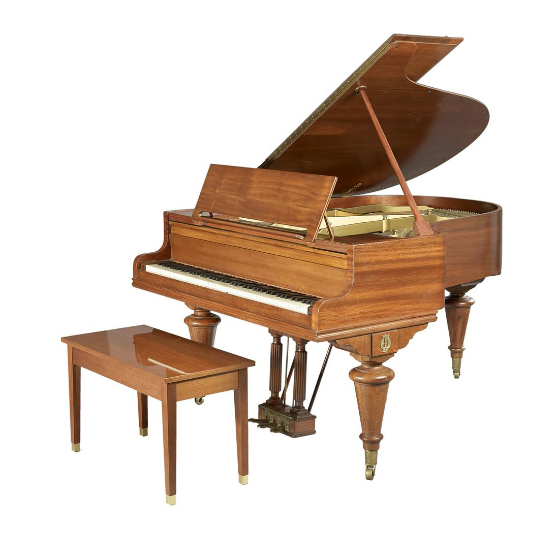 W. W. Kimball Co. Baby Grand Piano and Bench: W. W. Kimball Co. Mahogany Baby Grand Piano and Bench second quarter 20th century, the piano legs with lyre-form ormolu mounts. piano h. 38-1/2", w. 55", l. 66"