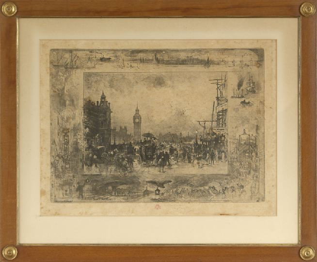 Felix Hilaire Buhot (French, 1847-1898): Felix Hilaire Buhot (French, 1847-1898) "Westminster Clock Tower", aquatint and drypoint etching, signed and stamped, sight 13" x 17.5". Glazed and presented in a turn of the century frame, reverse wi