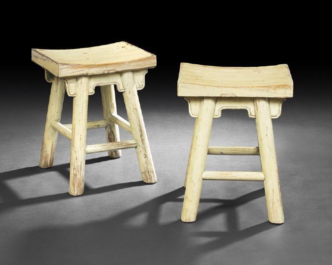 Pair Chinese Painted Provincial Stools,: Pair Chinese Painted Provincial Stools, each with a rectangular bowed seat above four round legs with a reeded decorative apron on two sides and the legs joined by round stretchers, h. 17-3/4", d. 11"