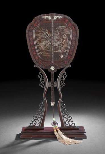 Chinese Rare Zitan Ceremonial Fan and Stand: Elaborate Chinese Rare Zitan Ceremonial Fan and Stand, the fan of traditional form with a central panel with silver wire inlay depicting deities on one side and children on the reverse, the central pa