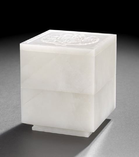 Chinese Carved White Jade Double Box,: Chinese Carved White Jade Double Box, of cubical-form, the box in two sections fitted together, the cover of the upper section carved in low relief with a Shou character and two bats, the stone of str