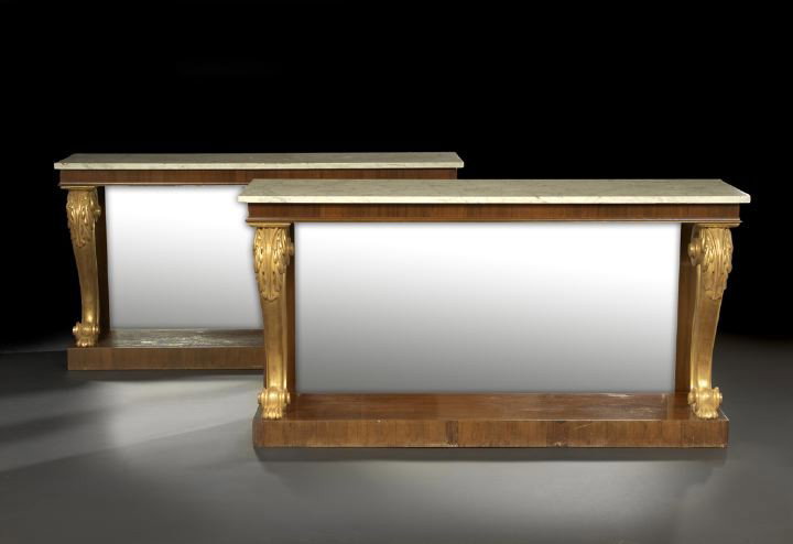 Pair of George IV Marble-Top Pier Tables: Fine Pair of George IV Mahogany, Giltwood and Marble-Top Pier Tables, second quarter 19th century, each with the incised stamp "Miles & Edwards, 134 Oxford St London 16656" in the neoclassical taste, 