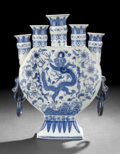 Chinese Blue and White Export Tulipiere Vase: Chinese Blue and White Export Porcelain Tulipiere Vase, 20th century, of flattened octagonal outline with five flower holders at the top and loose ring handles at the sides, decorated in underglaze bl