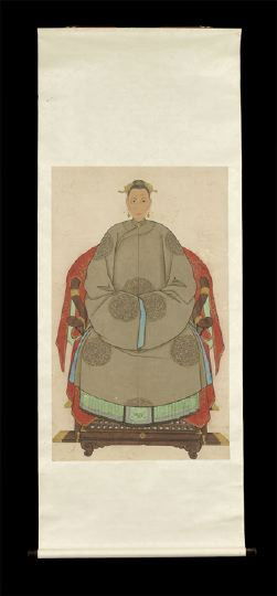 Chinese Hanging Scroll of a Female Ancestor,: Chinese Hanging Scroll of a Female Ancestor, executed in gouache with gilt details depicting a seated female figure in brocade robes wearing a gilt tiara and seated on a horseshoe shaped chair with re