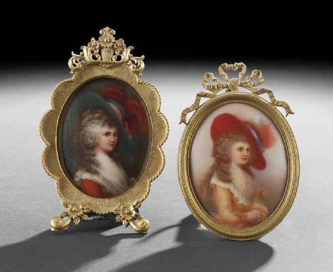 Two Framed German Porcelain Portrait Plaques: Two Small Framed German Porcelain Portrait Plaques, first quarter 20th century, of ladies of fashion, the first of a lady wearing a red-plumed green hat, signed: "Rau", the back with impressed mark fo