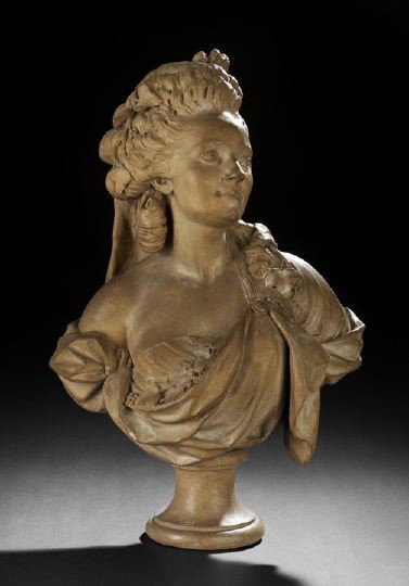 French Terra Cotta Bust of Marie Antoinette: French Terra Cotta Portrait Bust of Marie Antoinette, 19th century, in the manner of Louis-Simon Boizot (1743-1809), the figure portrayed with upswept hair and draped in classical garb, h. 27", w. 17"