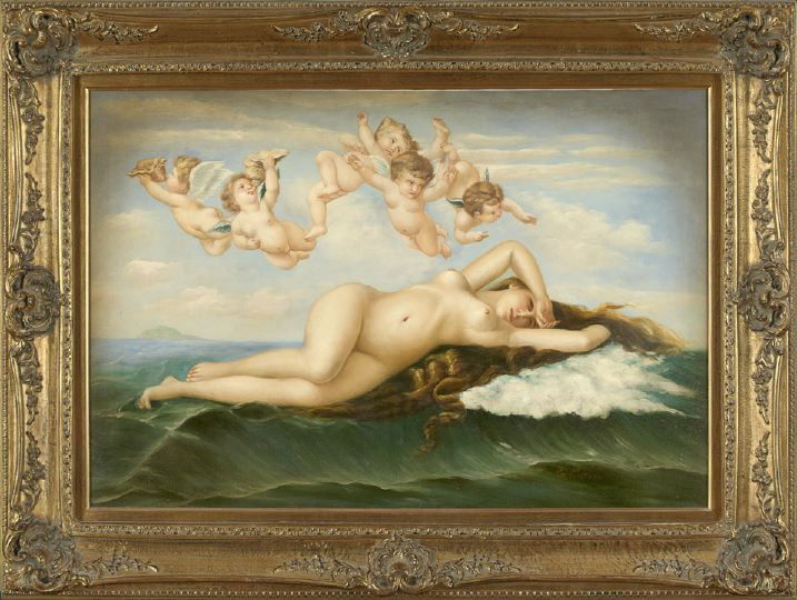 After Alexandre Cabanel (French, 1823-1889): After Alexandre Cabanel (French, 1823-1889) "The Birth of Venus", oil on canvas, signed lower right "Joan Mitchell", 24" x 36". Presented in a Louis XV-style giltwood and gesso frame.