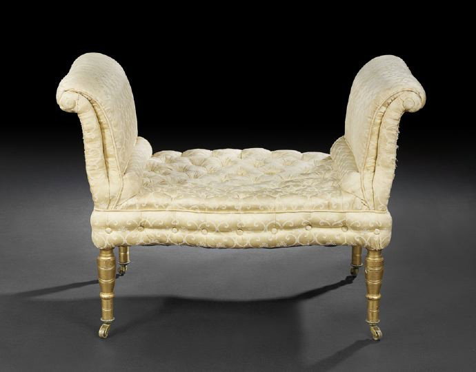 Louis XVI-Style Giltwood Window Seat,: Louis XVI-Style Giltwood Window Seat, early 20th century, the shaped padded and tufted seat with a padded and outscrolled arms, raised on tapering ring-turned circular legs ending in casters, h. 25", 