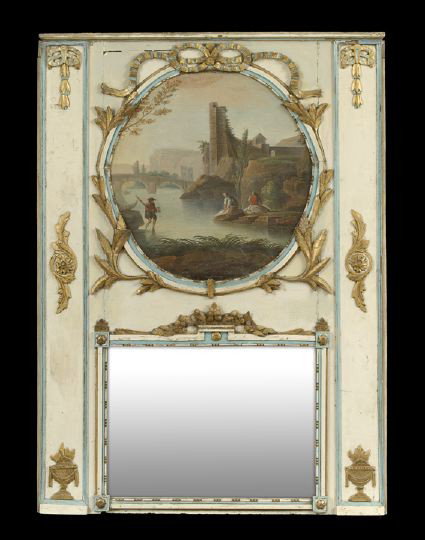 Louis XVI-Style Polychrome Trumeau: Louis XVI-Style Polychrome and Parcel-Gilt Trumeau, mid-19th century, the upper section with an oval canvas of figures on a waterfront with a ruin in the background, within a molded frame with applied