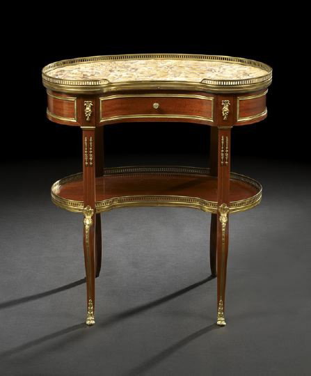 Louis XVI-Style Marble-Top Occasional Table: Louis XVI-Style Mahogany and Marble-Top Occasional Table, the kidney-form top with ormolu banding and three-quarter pierced brass gallery surrounding a Breche de Benou Jaune marble top, above a confor