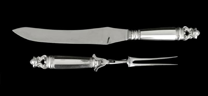 Georg Jensen Sterling "Acorn" Pattern Carving Set: Georg Jensen Sterling Silver "Acorn" Pattern Carving Set, designed in 1915 by Johan Rohde (1856-1935), Copenhagen, with the Jensen 1933-1944 mark, including a carfing fork, l. 11-1/4", and knife l. 14