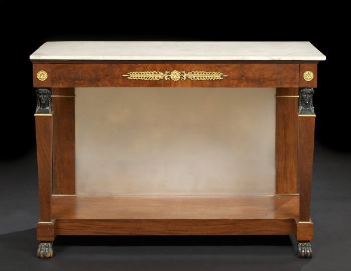 Empire-Style Mahogany and Marble-Top Side Table,: Empire-Style Mahogany and Marble-Top Side Table, late 19th century, the rectangular white marble top above a conforming frieze fitted with a single ormolu patera-mounted drawer joined to a recessed lo