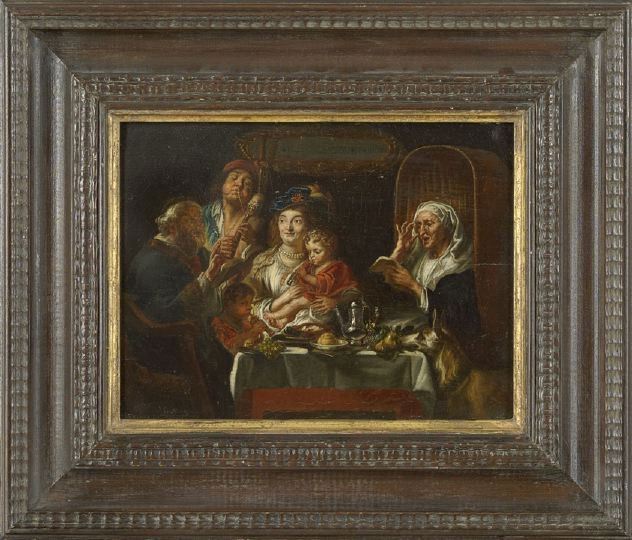 Dutch School (First Quarter 20th Century): Dutch School (First Quarter 20th Century) "Interior Scene with Family at Supper", signed illegibly lower left, 10" x 13". Framed.