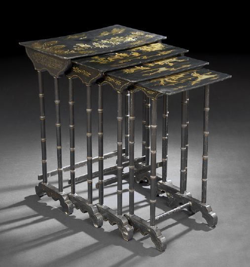 Suite of Four Chinoiserie Ebonized Nesting Table: Suite of Four Chinoiserie Ebonized Nesting Table, fourth quarter 19th century, each with a rectangular top featuring a gilt and gesso Oriental scene, raised on double faux bamboo end supports to shape