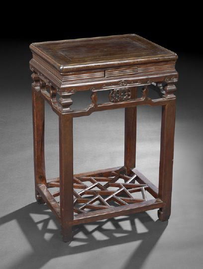 Chinese Rosewood Rectangular Lipped Tea Table,: Chinese Rosewood Rectangular Lipped Tea Table, 19th century, the top with a floating panel and low lip rim, above a carved openwork apron, supported by slightly rectangular legs and having an openwork