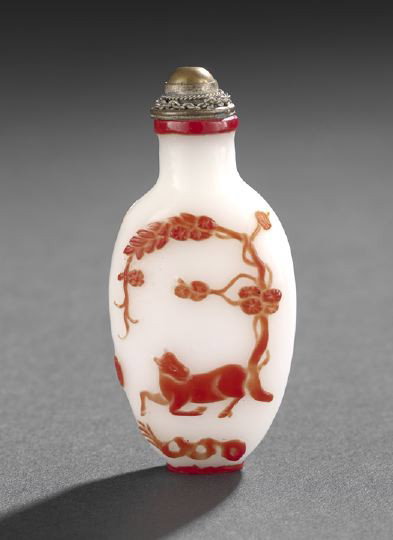 Chinese Red on Milk-Glass Overlay Snuff Bottle,: Chinese Red on Milk-Glass Overlay Snuff Bottle, probably Yangzhou School, carved in low relief depicting five bats (Wu Fu) emerging from a basket on one side and a horse resting beneath a pine tree on
