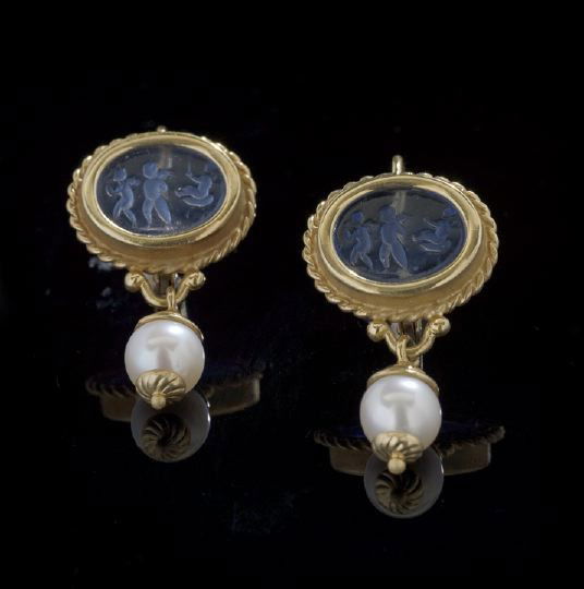 Pair of 18 Kt. Gold, Intaglio and Pearl Earrings: Pair of Eighteen-Karat Yellow Gold, Glass Intaglio and Pearl Earrings, by Tagliamonte, each with an oval blue glass intaglio in the classic style set in a gold bezel and suspending a gold capped pearl