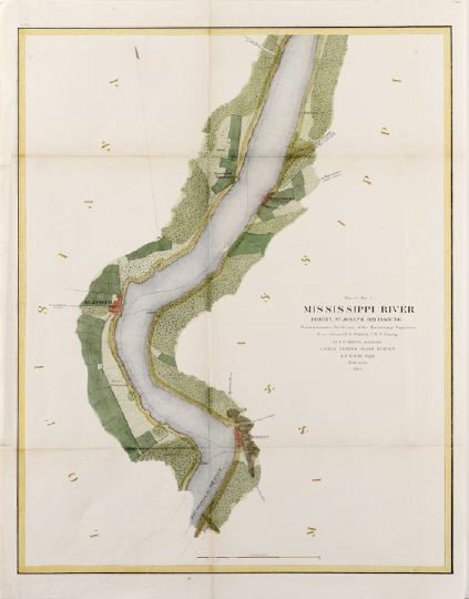 Rare and Large Hand-Colored Lithograph Map,: Rare and Large Hand-Colored Lithograph Map, of "The Mississippi River: St. Joseph, Bruinsburg", 1864, published as a reconnaissance map for the use of the Mississippi Squadron, unframed, h. 23", w. 18