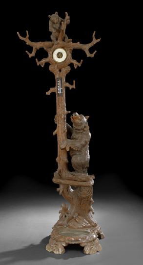 Black Forest Carved Linden Wood Bear Hall Tree,: Black Forest Carved Linden Wood Bear Hall Tree, early 20th century, depicting a bear cub climbing at the top of the tree along with the mother bear below, the small circular mirror now replaced with a