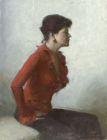 Jeremy Lipking (American, b. 1975): Jeremy Lipking (American, b. 1975) "Portrait of a Woman in a Red Blouse", oil on canvas, signed upper right "Lipking", 40" x 30". Unframed.