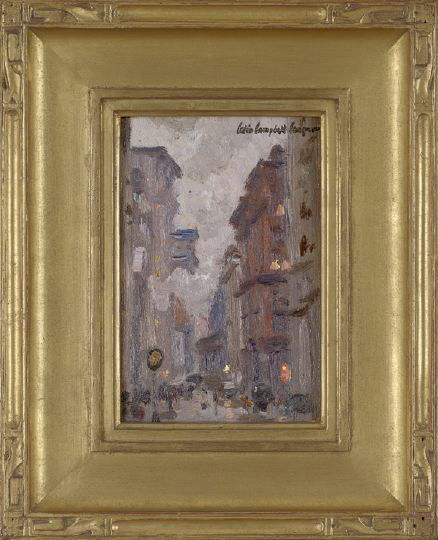 Colin Campbell Cooper (American, 1856-1937): Colin Campbell Cooper (American, 1856-1937) "Evening City Street Scene", oil on board, signed upper right corner "Colin Campbell Cooper", sight 7" x 4-1/4". Presented in a contemporary giltwood frame.