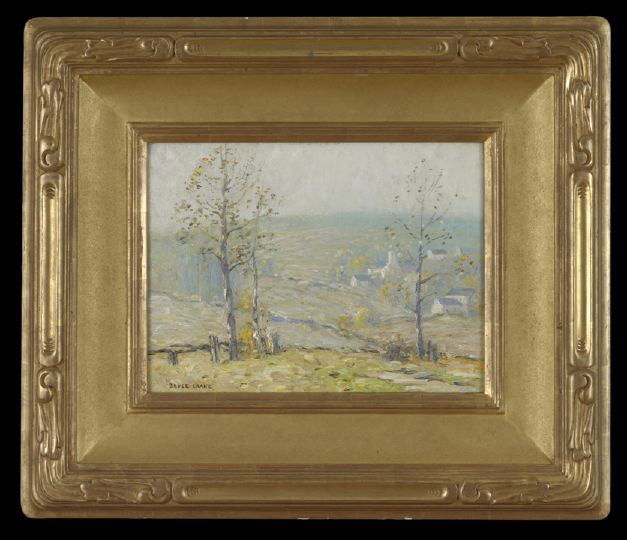 Bruce Crane (American, 1857-1937): Bruce Crane (American, 1857-1937) "Autumnal New England Landscape", oil on panel, signed lower left "Bruce Crane", 12" x 16". Presented in a contemporary giltwood frame.